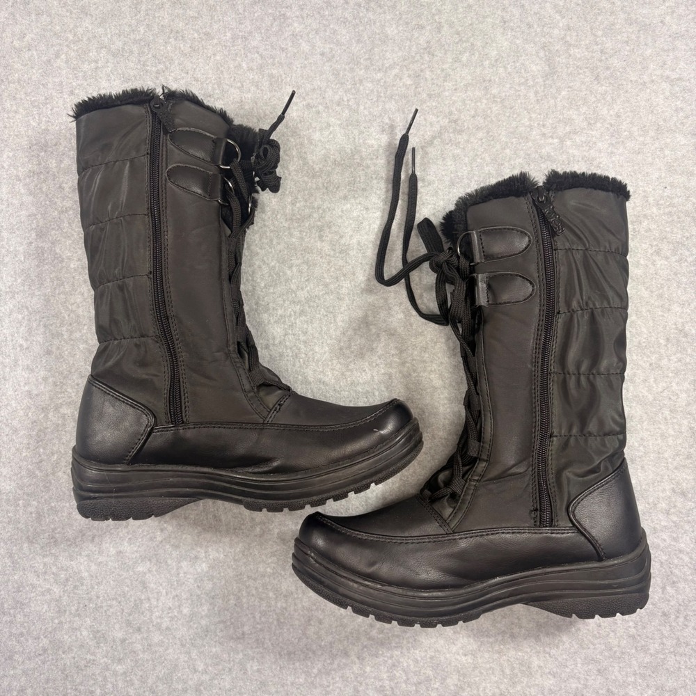 Totes Jami Black Quilted Tall Winter Boots Faux Fur Trim Lace Up Zip Womens 6.5W